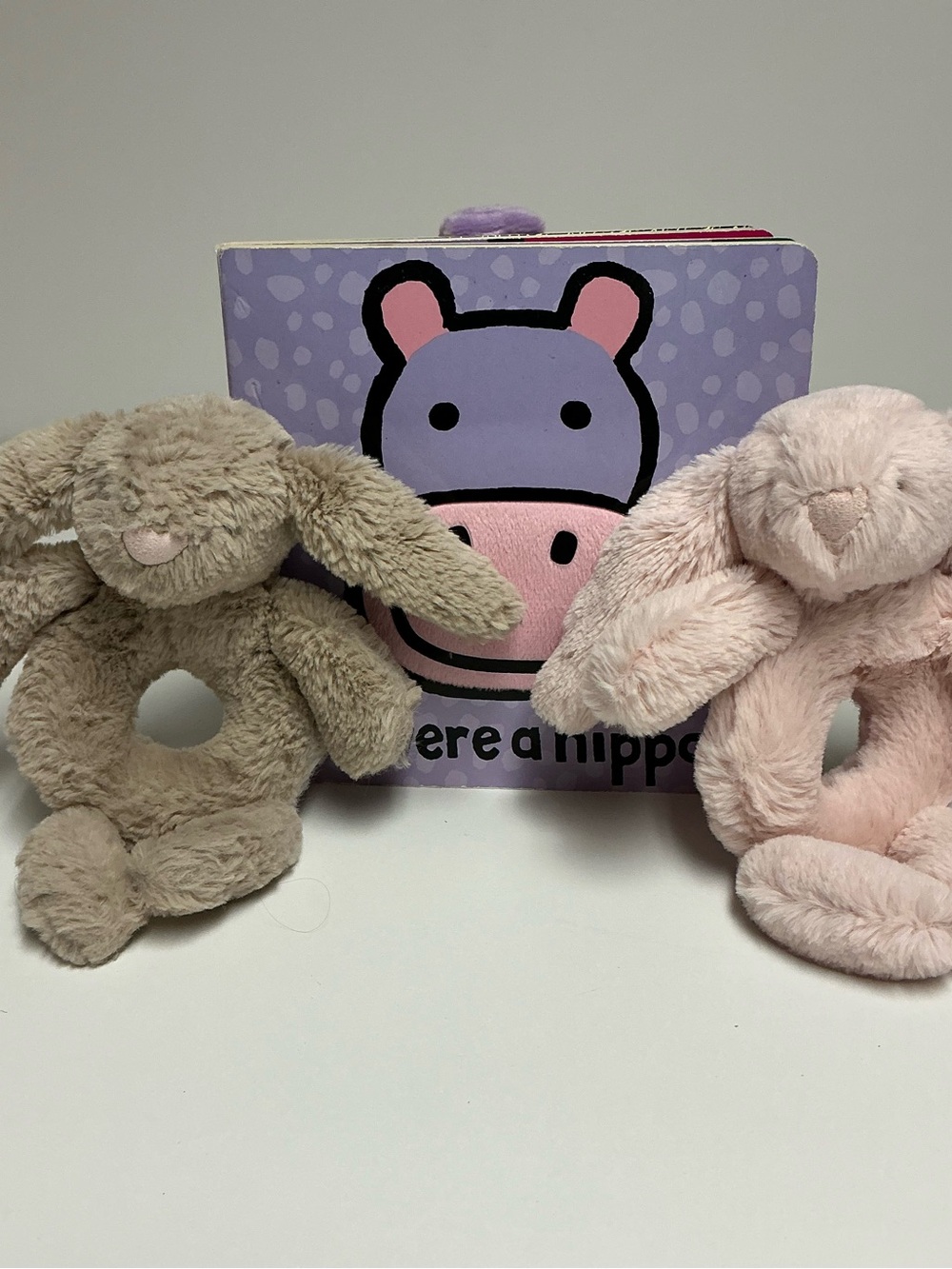 Jellycat Lot- Pink & Tan Bunny Ring Rattle Plush Set with Hippo Board Book